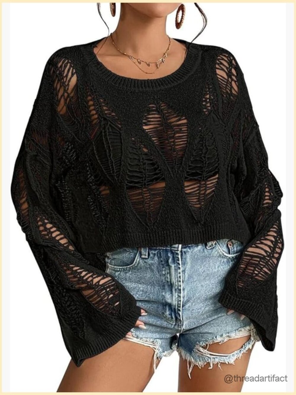 Gothic Oversized Sweater Long Bell Sleeve Crop Top Pullover Punk Knit